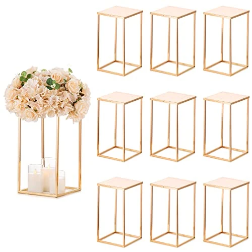 Sziqiqi 10 Pieces Rectangle Wedding Centrepieces Vases With Plates - 40cm Metal Column Geometric Flower Stand Gold Flower Display Rack Decorations For T-Stage Reception Party Fiesta Event Christmas