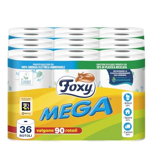 Oferta ograniczona: Foxy Mega papier toaletowy 36 rolek | 480 arkuszy | ozdobiony | 100% energii odnawialnej | Opakowanie z tworzywa sztucznego pochodzącego z recyklingu z 179.79 PLN na 179.79 PLN (zniżka 0%)