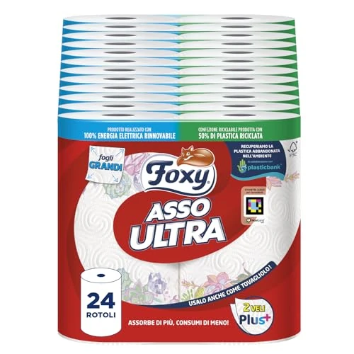 Foxy Asso Ultra Dryer, 24 Rolls, Veli Plus+, Absorbent and Durable, Decorated, FSC Certified, 100% Renewable Electricity, Recyclable Recycled Plastic Packaging