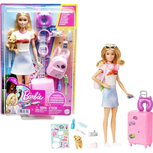 Barbie Coffret Voyage Malibu, Poupée de Voyage avec Plus de 10 Accessoires, Inclus Un Chiot, Une Valise Rose, Un Sac À Dos Et Une Feuille D'Autocollants, Jouet pour Enfant de 3 Ans et Plus, HJY18