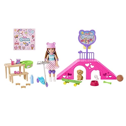Limited-time offer: Barbie Chelsea Doll & Skate Park Playset with 2 Puppies, Skate Ramp, Scooter & 15+ Accessories, Brunette Small Doll with Blue Eyes, HJY35 from 19.73 £ to 19.73 £ (save 0.00%)