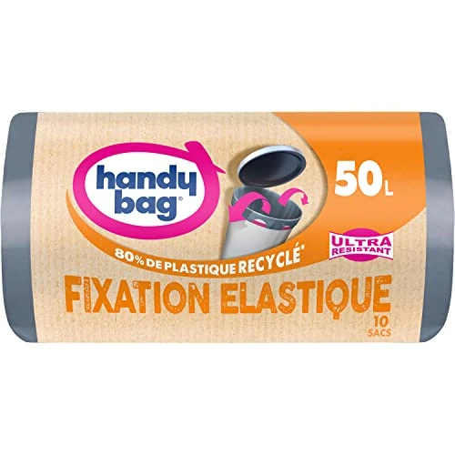 Handy Bag - Trash bags elastic fastening 50L x 10 bags - Keeps the bag in place - Heavy duty - Triple layer film - Maximum sealing - 100% recycled plastic