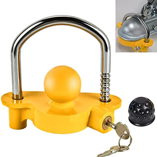 Antifurto per Rimorchio - Lucchetto Rimorchio, Gancio di Bloccaggio a Sfera Antifurto, Serratura Antifurto per Rimorchio, Blocco Gancio Traino per Roulotte con Tappo Gancio Traino e 2 Chiavi (Giallo)