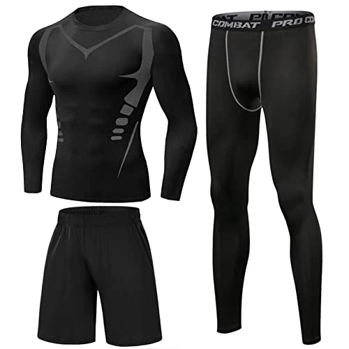 Terecey Ensemble Compression Homme 3 Pièces Haut Manches Longues et Collant et Short Sport Respirant Séchage Rapide Idéal Fitness Course et Entraînement