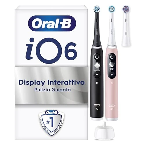 Offerta a tempo: Oral-B iO 6, 2 Spazzolini Elettrici, 3 Testine di Ricambio, Nero e Rosa - 3 Testina di Ricambio per Spazzolino Elettrico, Ricaricabile, Sensore di Pressione, Pulizia Denti Efficace - 27% da 219.99 € a 161.49 €