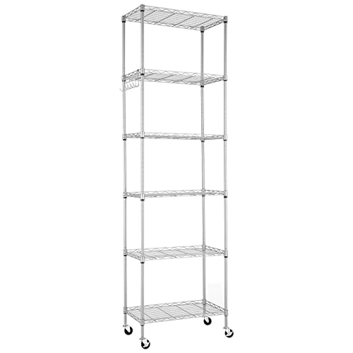 Offerta a tempo: Himimi Scaffale in Filo Metallico a 6 Livelli con Ruote, Regolabile in Altezza, Scaffale in Piedi Resistente con Gancio per Bagno Cucina Garage Camera da Letto Argento - 0.00% da 79.99 € a 79.99 €