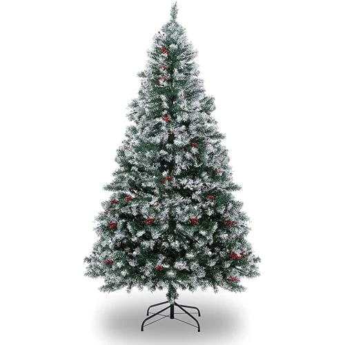 Artificial Christmas Tree, 6ft/180cm Snow Spray Christmas Trees with 1000 Snow Flocked Branch Tips, Red Berries, Metal Stand, Easy Assembly Xmax Tree for Home, Office, Party Decoration