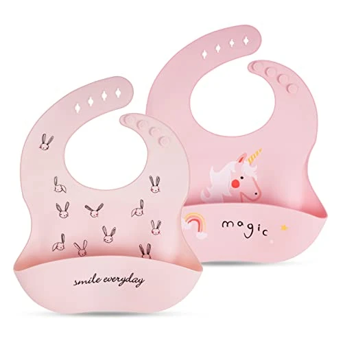 Zeitlich begrenztes Angebot: Vicloon Silikon Baby Lätzchen, 2 Stück Baby Lätzchen mit Auffangschale, BPA Frei, Einfache Reinigung, Wasserdicht Silikon-lätzchen für Jungen Mädchen, Kaninchen-Einhorn（Rosa） von 7.99 € auf 6.79 € (15% Rabatt)