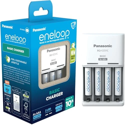 Offerta a tempo: eneloop caricabatterie Basic per 2 o 4 batterie AA/AAA Ni-MH, Nuove funzioni di sicurezza comprese 4 batterie eneloop AAA/Micro con capacità aggiornata, con 6 funzioni di sicurezza - 40% da 26.71 € a 16.14 €