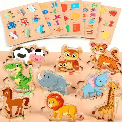 lenbest Set of 6 Children's Wooden Puzzle - Montessori Toy - Animal Alphabet Number Vehicles Shape Fruit - Educational Toy for 2-3 Years