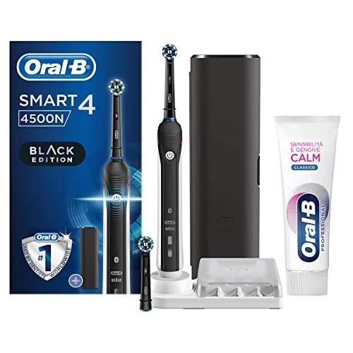 Oral-B Smart 4 4500 CrossAction Rechargeable Electric Toothbrush, 1 Black Connected Handle, 5 Brushing Modes, 2 Heads, Premium Travel Case + Toothpaste Sensitivity & Calm Gums