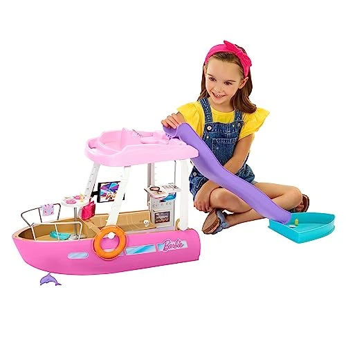 Barbie Boot met zwembad en glijbaan, Droomboot Speelset met meer dan 20 onderdelen, zoals een dolfijn en accessoires, HJV37