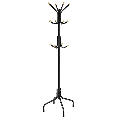 SONGMICS Wieszak na ubrania, metalowy wieszak na ubrania z 12 haczykami, garderoba, 4 nogi, stojak na płaszcze, kapelusze, torby, do korytarza, sypialni, biura, czarny RCR031B01