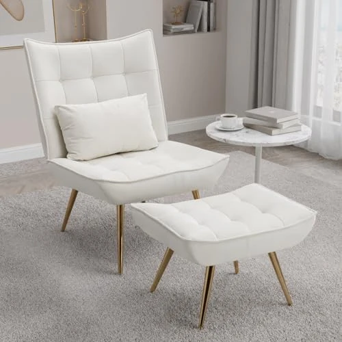 chairus Sillón de Terciopelo con Reposapiés para Salón Sillón Reclinable, Butaca Moderno con Cojín para Dormitorio/Sala de Estar, Blanco