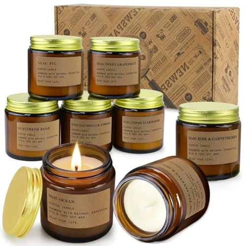 Offerta a tempo: Candele Profumate Set di 8 Pezzi in Vetro, 800g Cera di Soia Profumo di Rose, Legno di teak, Amber, Menta und Grapfruit Aromaterapia Set Candele Compleanno Regalo per Mamma, Durata Fino a 200 Ore - 24% da 25.99 € a 19.77 €