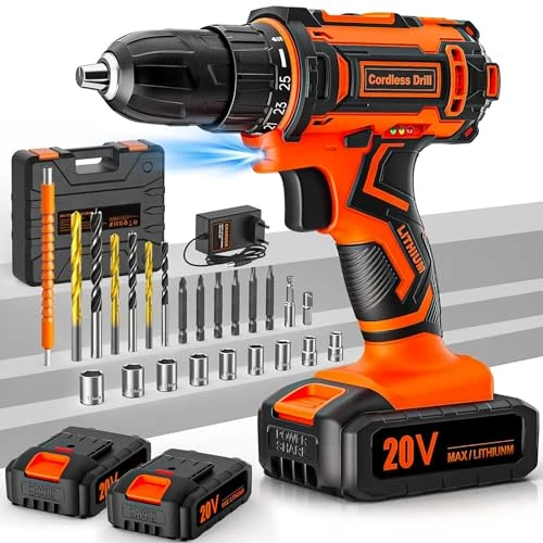 20V Cordless Drill Driver with 2 Batteries 2.0Ah, 42Nm, 25+1 Torque Settings, 2 Speeds, LED, 24 Accessories and Suitcase, for DIY