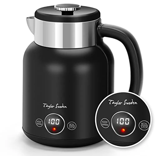 Taylor Swoden Asher – Retro Double Wall Cool Touch Stainless Steel Kettle, 2200 W, 1.7 L, Temperature Adjustment, LED Display with Real Time Temperature, Keep Warm 1 Hour