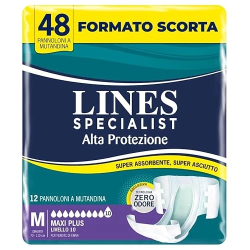 Lines Specialist Pannolone a Mutandina Maxi Plus per Incontinenza Donna e Uomo, Alta Protezione fino a 12 ore, Zero Odore, Taglia M, Scorta Mensile, Confezione da 48 Unità