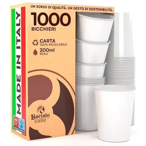 Offerta a tempo: Baciato Caffè 1000 Bicchieri in Carta 200ml Ecologici Biodegradabili Monouso BIANCHI Made in Italy Asporto Bevande Calde Acqua - Prodotto e confezionato in Italia - 27% da 69.90 € a 51.29 €