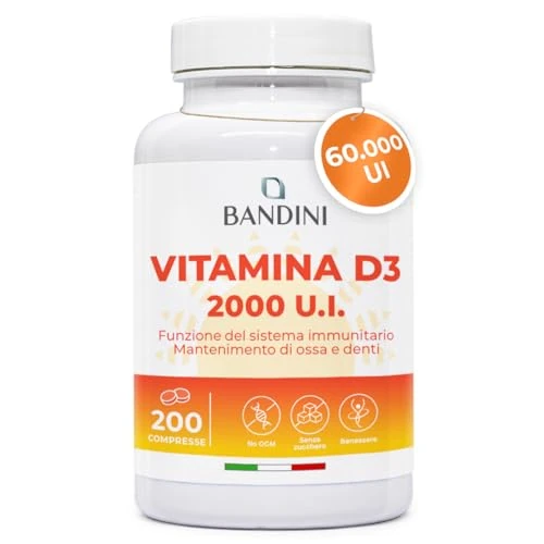 Tijdelijke aanbieding: Bandini® Vitamine D 60.000 IE/maand 200 tabletten (+6 maanden) - Immuunsysteem, bot-, tand- en spiergezondheid, calciummetabolisme, 50 mcg cholecalciferol, pure vitamine D3 in hoge dosering van 8.88 EUR naar 7.55 EUR (korting 15%)