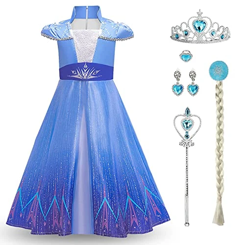 Discoball Costume de princesse Elsa pour fille, robe de voyage classique pour Halloween, Noël, fête d'anniversaire, concours de beauté, demoiselle d'honneur (6-7 ans, robe + accessoires)
