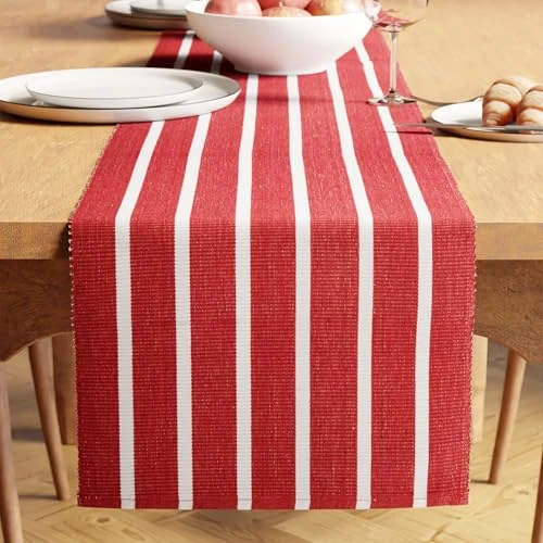 Offerta a tempo: Encasa XO Runner da Tavola | Cotone a Coste Sottili Tinto in Filato | Dimensioni 32x200 cm | Roma Stripe rosse | Lavabile in Lavatrice - 20% da 18.79 € a 15.03 €