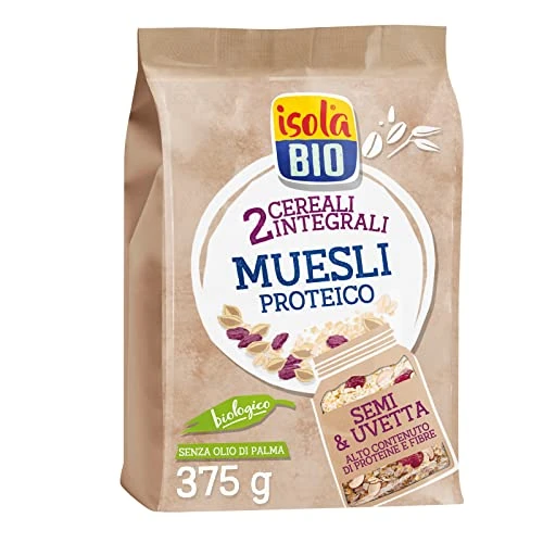 Offerta a tempo: Isola Bio Muesli Proteico Biologico con Semi e Uvetta, Ricco di Fibre e Proteine, 100% Ingredienti Naturali, Senza Zuccheri Aggiunti, per Vegani e Vegetariani, Formato 375 gr - 0.00% da 6.31 € a 6.31 €