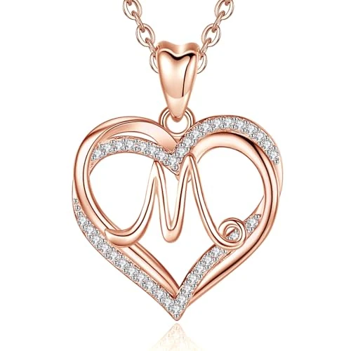 INFUSEU Collier Avec Lettre En Or Rose Pour Femme, Pendentif En Forme De CœUr Avec Initiale M Bijoux En Zircon Cubique Bijoux Romantiques Cadeaux D'Anniversaire Pour Elle
