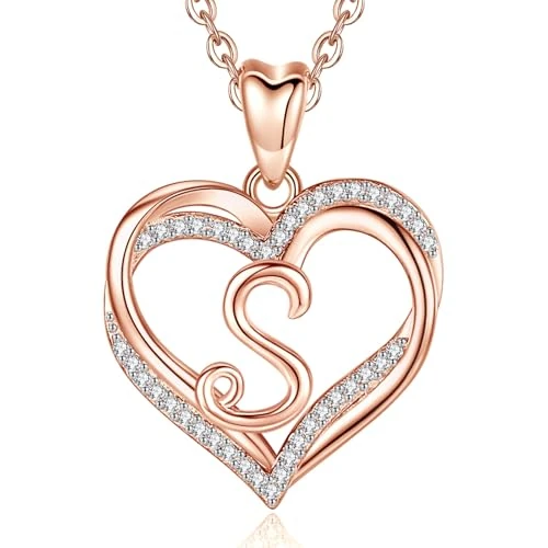 INFUSEU Mujeres Corazón Collar Inicial, Oro Rosa S Letra Colgante Zirconia Cúbico CZ Joyería Para Señora Esposa Mamá Novia Regalos, 20 Pulgadas De Cadena