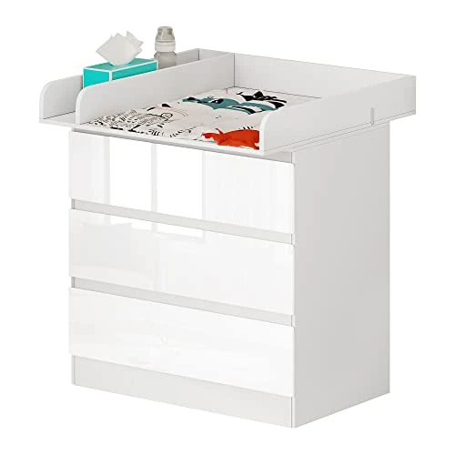 Offerta a tempo: WOLTU Cassettiera con Fasciatoio per Bambini, 3 Cassetti, Fasciatoio con Divisorio Rimovibile, in MDF, Truciolare e Metallo, Bianco + Bianco Lucido - 19% da 155.99 € a 127.05 €