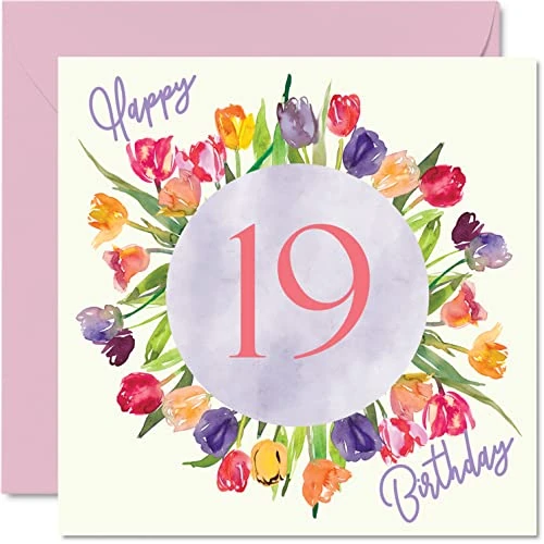 Stuff4 Schöne Geburtstagskarten zum 19. Geburtstag für Frauen – Aquarell-Tulpen, Blumenstrauß – Happy Birthday-Karte für Ihre Tochter, Enkelin, Schwester, Geburtstagsgeschenke Grußkarten