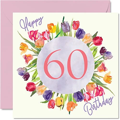 Offerta a tempo: Stuff4 Bellissimo biglietto di auguri 60° compleanno da donna – bouquet di fiori con tulipani acquerelli biglietto di auguri il compleanno di sua nonna tata nonna mamma 145mm - 0.00% da 8.62 € a 8.62 €