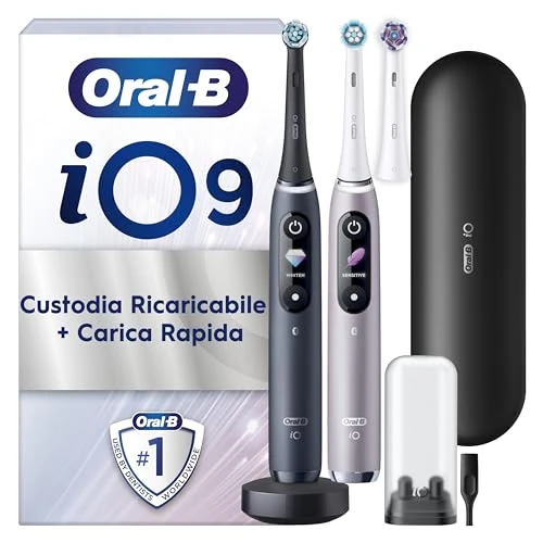 Oral-B iO 9 ładowanych elektrycznych szczoteczek do zębów, czarny i różowy uchwyt połączony z Bluetooth z rewolucyjną technologią magnetyczną, 3 szczotki, 1 etui podróżne