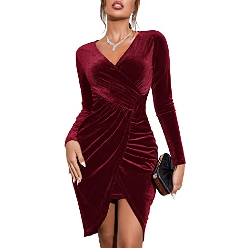 Oferta limitada: Zeagoo Vestido de Terciopelo para Mujer, Manga Larga, Elegante, Cuello en V, Cintura Alta, Bodycon Vestido de Fiesta, Brillante, borgoña, M de 30.99 EUR a 26.34 EUR (ahorro 15%)
