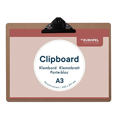 Europel Wooden Clipboard - Durable Wood Hardboard with Black Metal Clip & Concealed Hanging Hole - A3 Paper Board for School Classroom, Office, Business, Restaurant, Warehouse, 197003, Brown