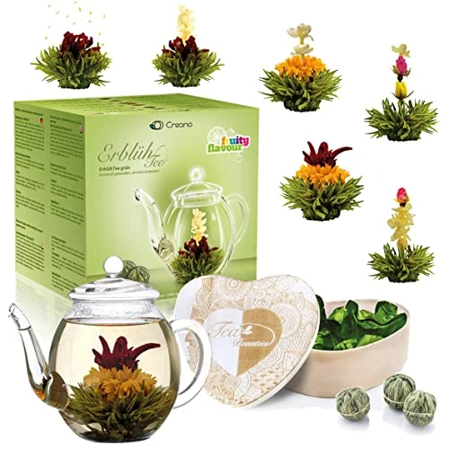Creano Gift Set Blooming Tea Flowers Mix in Wooden Box in Heart Shape - 6 Varieties Green Tea incl. Glass teapot 500 ml, gift for women, mother, tea lovers