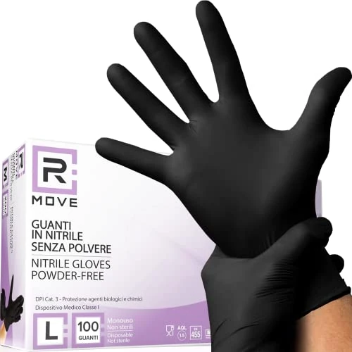 R MOVE 100 guanti in nitrile monouso neri L senza polvere, gloves ambidestri usa e getta per alimenti, non sterili, senza lattice, ipoallergenici - per ambiti medici, Estetisti, Tatuatori (L, Neri)