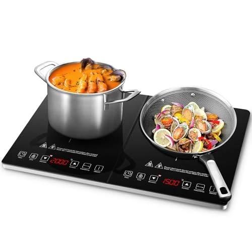 AMZCHEF Placa Inducción 2 Fuegos, Placa de Inducción Doble con Control Independiente, Bisel de Plata de Moda, 20 Niveles de Temperatura, Múltiples Niveles de Potencia, Temporizador de 3 Horas, 3500W
