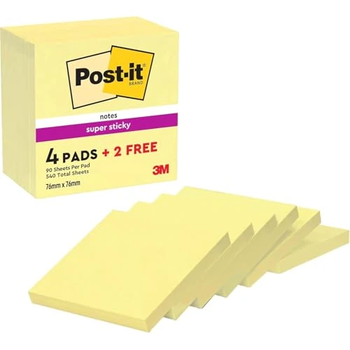 Limitiertes Angebot: Post-it Super Sticky Notes Kanariengelb, Packung mit 6 Blöcken, 90 Blatt pro Block, 76 mm x 76 mm, Farbe: Gelb - Extra-stark klebende Notizzettel für Notizen, To-Do-Listen und Erinnerungen von 9.49 EUR auf 8.60 EUR (Spare 9%)