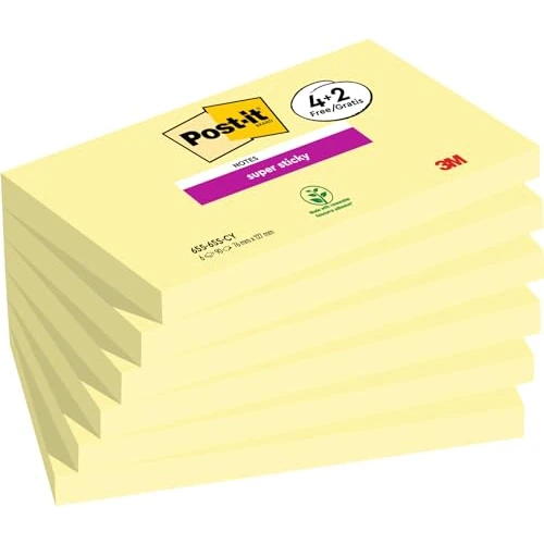 Post-It Foglietti Super Sticky, Canary Yellow, Pacchetto Promozionale, 4 + 2 Blocchetti GRATIS, 90 Fogli per blocco, 76 mm x 127 mm, Colore Giallo, Foglietti Adesivi per Appunti, Elenchi & Promemoria
