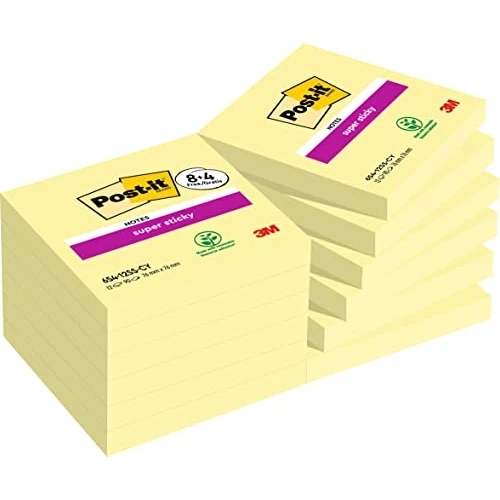 Post-it Notas Super Sticky Canary Yellow, Paquete de 8 Blocs + 4 Gratis, 90 Hojas por Bloc, 76 mm x 76 mm, Color Amarillo - Notas Extra Adhesivas para Listas de Tareas y Recordatorios