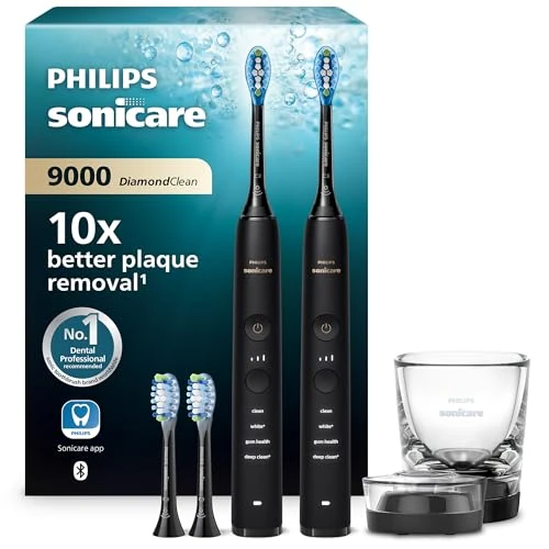 Philips Sonicare DiamondClean 9000 Electric Toothbrush, Twin Pack, Sonic Toothbrush with App, Pressure Sensor, 4 Brushing Modes, Charging Cup, Black, HX9914/63