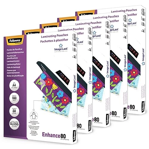 Limited-time offer: Fellowes A4 Laminating Pouches - Gloss Finish - 500 Sheets (5x100 Sheets), 160 Micron (2x80) Clean & Durable Lamination Pouch with ImageLast Directional Mark - Ideal for Photos and Notices from 23.75 £ to 23.75 £ (save 0.00%)