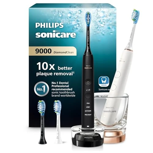 Philips Sonicare DiamondClean Series 9000 Twin Pack Sonic Electric Toothbrushes, Cleaner Teeth and Gums Connected with App, Black and Rose Gold (Model HX9914/61)