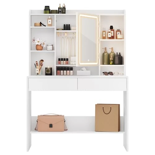 Offerta a tempo: VASAGLE KAILYN Collezione - Toeletta con Luci LED 3 Colori con Luminosità Regolabile, Tavolo da Trucco con Specchio, Ripiani Regolabili, 2 Cassetti, Postazione Trucco, Bianco RDT123WB01 - 23% da 99.99 € a 76.70 €