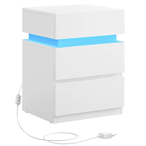 Oferta limitada: VASAGLE KAILYN Colección - Mesita de Noche con Tira de Luz LED Multicolor Variable, 3 Cajones, Mesa Auxiliar, Estilo Moderno, 35 x 40 x 55 cm, Blanco Nube LET630T10 de 64.99 EUR a 54.99 EUR (ahorro 15%)