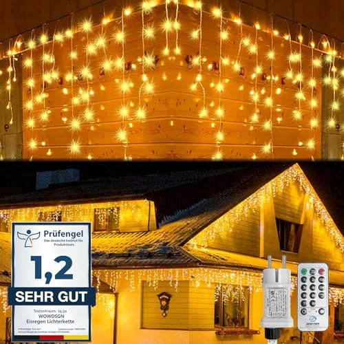 WOWDSGN Luci di Natale da Esterno 15M 660LED Natale Decorazioni Casa, Luci Natalizie da Esterno Cascata 8 Modalità, Tenda Luminosa Esterno Bianco Caldo IP44