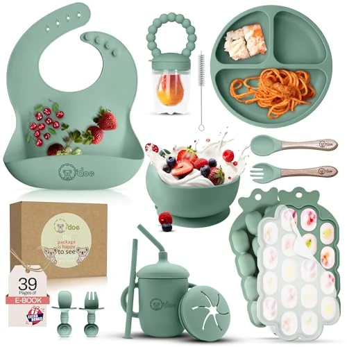 Offerta a tempo: O'doe Set per lo svezzamento del bambino, 15 pezzi, set per la pappa del bambino in silicone con piatto di aspirazione, ciotola, bavaglino, tazza con beccuccio, mangiatoia per frutta, vassoio per - 7% da 29.99 € a 27.99 €