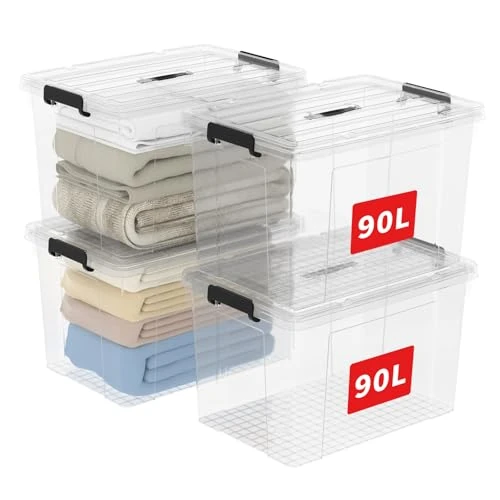 Offerta a tempo: Cetomo 90L*4 Scatole di Stoccaggio in Plastica, Scatole Portaoggetti con Coperchio, Organizzatore con Manico, Contenitori per Casa e Ufficio, Impilabile, Resistente, Trasparente, 90L - Confezione da 4 - 49% da 85.99 € a 43.97 €