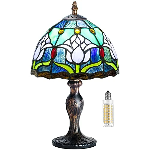 MIAOKE Lampe Stained Glass Lamp Vintage - Style Fleur Vitrail, Art Déco Convient pour chambre à coucher, lampe de chevet, bureau, étude - Ampoule E27 Non Fournie(Tulipe bleue)
